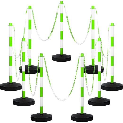 Amylove 9 Packs Traffic Delineator Post Cone with Base, Traffic Cones Safety Cones Caution Cones Plastic Stanchion Chain Safety Barriers with 6.6 Feet Link Chain and S Hooks for Parking Lot (Green)