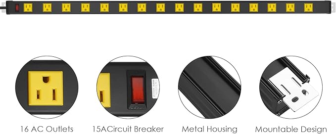 JUNNUJ Long Metal 16 Outlet Wide Spaced Garage Industrial Heavy Duty Power Strip with 25 FT Cord 15A, 125V, 1875W. Yellow