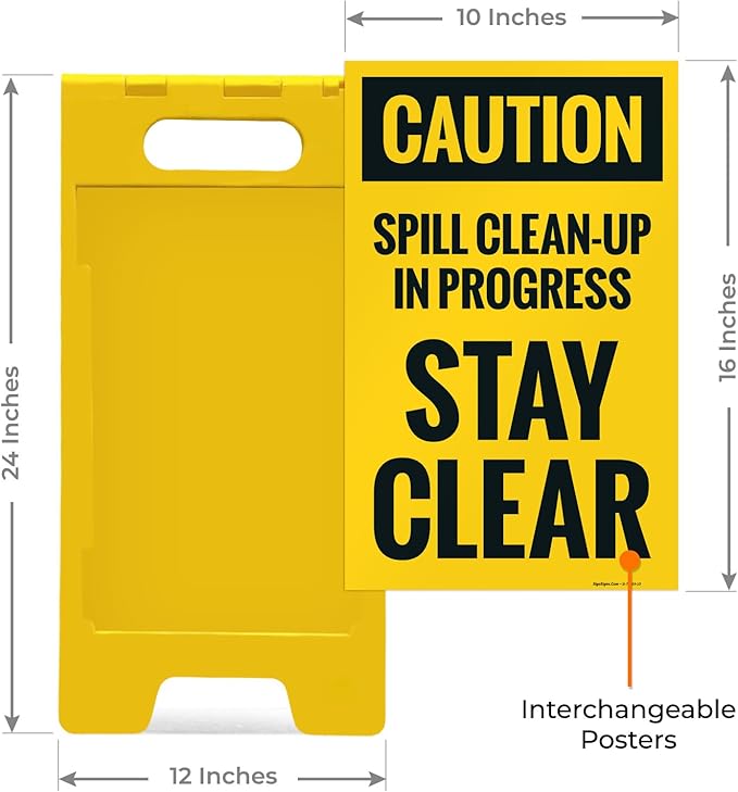 Caution Spill Cleanup in Progress Stay Clear Sidewalk Sign Kit, 10x16 Inches, with A Frame Stand, Made in USA