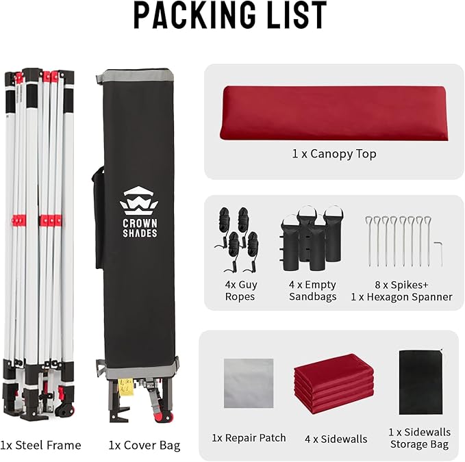 CROWN SHADES 10X10 Comercial Instant Canopy Pop Up Tent with Center Lock, 300D Fabric, 4 Sidewalls, Sto'N Go Bag, Red