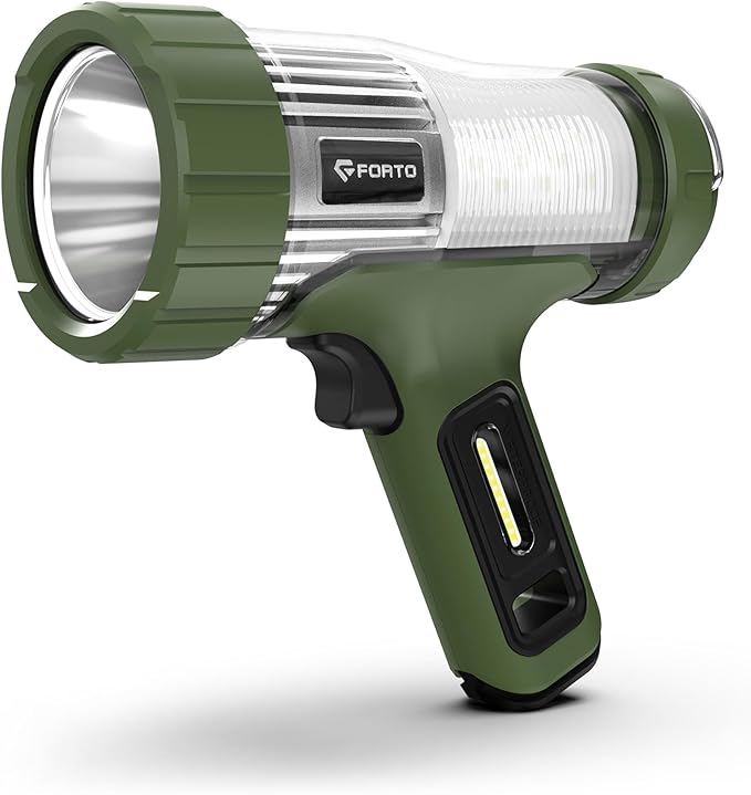 FORTO 3000 Lumens Handheld Spotlight, 1400 Ft Long Range LED Spot Light with 120H Runtime, IPX8 Waterproof Rechargeable Outdoor Flashlight for Camping, Hiking, Emergency, Searchlight (Green-Plus)