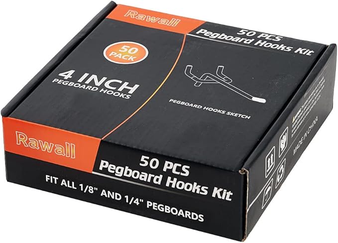 L Shape Pegboard Hooks, 4 Inch 50-Pack, Sturdy Galvanized Metal, Suitable for 1/4 and 1/8 Inch, Rubber Tipped, For Garage, Office, Kitchen, Store (Silver)