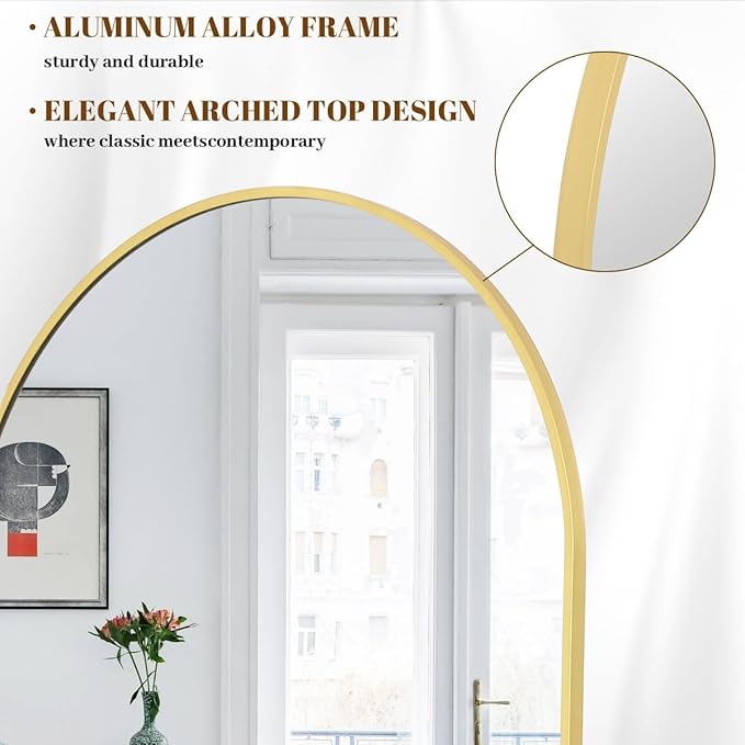 Koonmi 38"x77" Arched Full Length Mirror, Gold Large Floor Mirror with Aluminum Alloy Frame, Standing Hanging or Leaning Wall-Mounted Full Body Mirror for Living Room and Bedroom