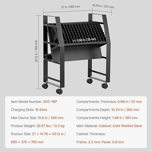 VEVOR Charging Cart, 16 Device Mobile Open Charging Station, Up to 15.6 in Screen Size, Office and Classroom Mobile Charging Cart, for Chromebook, Tablet and Laptop