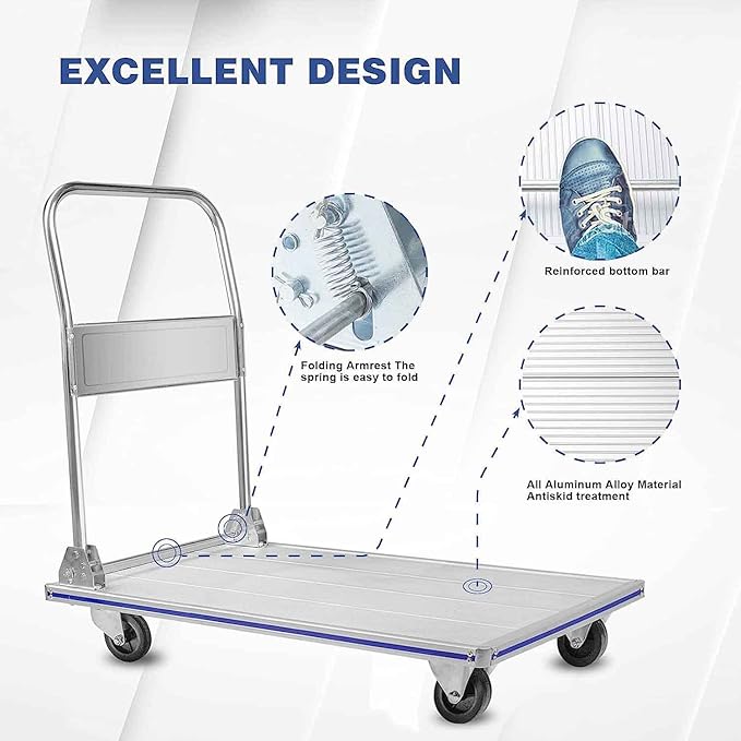 LEADALLWAY 48" L X 24" W Super Large Foldable Push Cart Aluminum Alloy Platform Cart with 4-Wheel 1000lbs