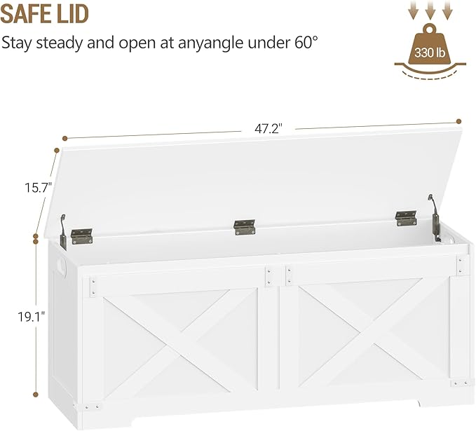 47.2" Storage Chest, Large Storage Trunk with 2 Hinges, Farmhouse Wooden Box Bench, Lift-Top Organizer Chest, Entryway Trunk for Bedroom, Living Room, White SB12103X