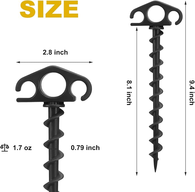 Tent Stakes Ground Anchors Screw in, 10 Pack Sand Stakes for Beach 9.4 Inch Heavy Duty Spiral Tent Pegs for Camping, Party, Hiking, Outdoor Decoration (10, Black)
