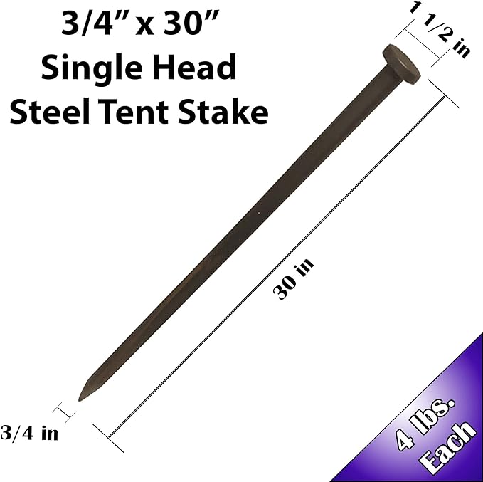 Single Head Metal Tent Stakes Heavy Duty Steel Ground Stake, Versatile Spikes to Anchor Commercial Inflatables, Event Party Tents, and Outdoor Camping Shelters, 3/4 x 30 Inch, 4 Pack