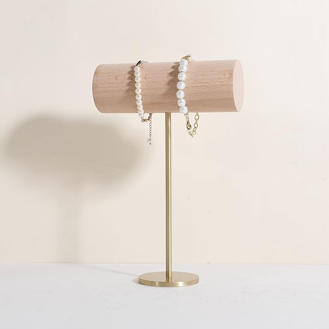 GemeShou Wood Bracelet Display Holder, White Jewelry watch organizer for selling, Retail Bangle Rack T Bar Stand Photo props【Beech Brass Bracelet Holder-High】