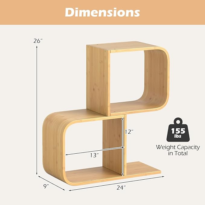 Giantex S-Shaped Bookcase, 2-Tier Bamboo Bookshelf with 2 Open Cubes, Geometric Corner Display Shelf, Decorative Storage Organizer, Floor Storage Rack for Living Room, Study, Home Office, Natural