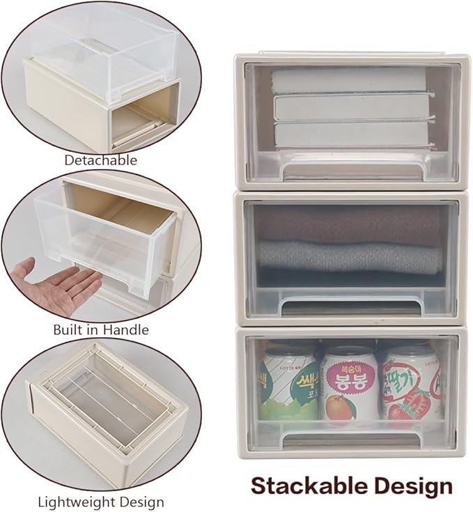 Gloreen 12 L Plastic Stackable Storage Drawers, 3 Packs Desktop Compact Drawer Box