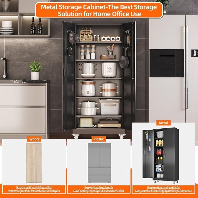 Aobabo Garage Storage Cabinet with Door Pegboard,Lockable Metal Storage Cabinet with 5 Adjustable Shelves for Garage Home,Required Assembly,Black