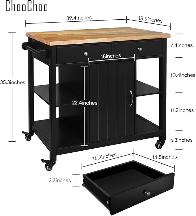 ChooChoo Kitchen Islands on Wheels with Wood Top, Utility Wood Movable Kitchen Cart with Storage and Drawers, Black