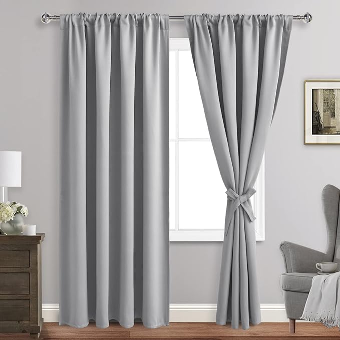 JIUZHEN Silver Grey Curtains for Living Room - Thermal Insulated Blackout Curtains with Tiebacks 2 Panels, Room Darkening Rod Pocket Curtains for Bedroom Office, 60 x 96 Inch Length
