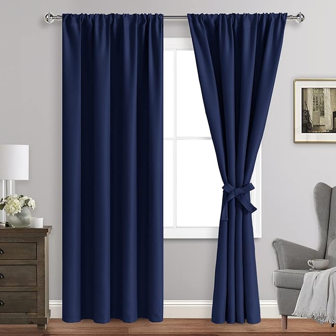 JIUZHEN Blackout Curtains for Bedroom - Thermal Insulated Room Darkening Rod Pocket Curtains for Living Room, Set of 2 Panels with Tiebacks, 38 x 84 Inch Length, Navy Blue