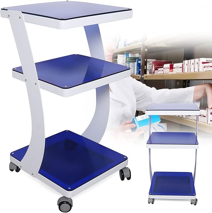 3 Tier Steel Rolling Utility Cart Storage Organizer Carts,3-Shelf Glass and Steel Den-tal Equipment Mobile Trolley Service Cart with Wheels,Load 66LBS