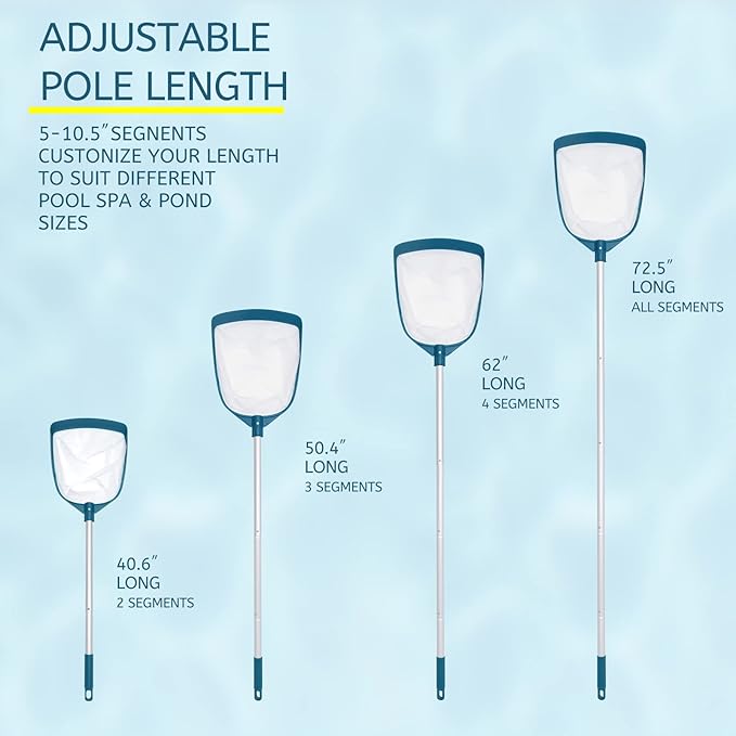 POOLWHALE Upgrades Swimming Pool Leaf Net Skimmer Rake with Adjustable Aluminum Pole and Nylon Medium Fine Mesh for Cleaning Swimming Pools, Hot Tubs, Spas and Fountains