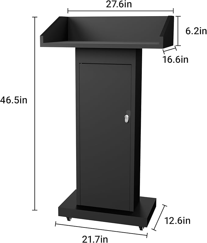 Tredre Podium Stand with Wheels for Lectern Presentation, Heavy-Duty Metal Pulpits for Offices, Classrooms, Conferences and Churches, Scratch-Resistant Surface, Hidden 2-Tier Storage, 46.5”H Black