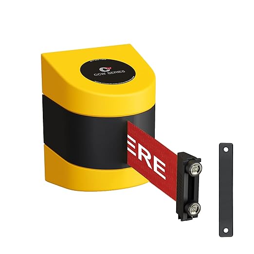 Crowd Control Warehouse - CCW Series WMB-220 Magnetic Wall Mount Retractable Belt Barrier - 15 Foot, Red with"Please Wait HERE" White Letters Belt with Yellow ABS Case