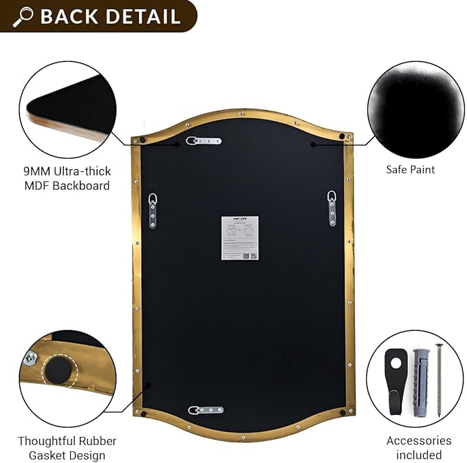 ANDY STAR Scalloped Bathroom Mirror，24"x32" Gold Rectangle Wall Mirror with Curved Edge Stainless Steel Metal Frame, Brass Vanity Wall-Mounted Mirror for Bathroom, Entryway
