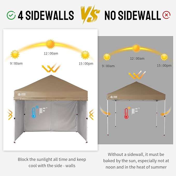 CROWN SHADES 10X10 Comercial Instant Canopy Pop Up Tent with Center Lock, 300D Fabric, 4 Sidewalls, Sto'N Go Bag, Beige