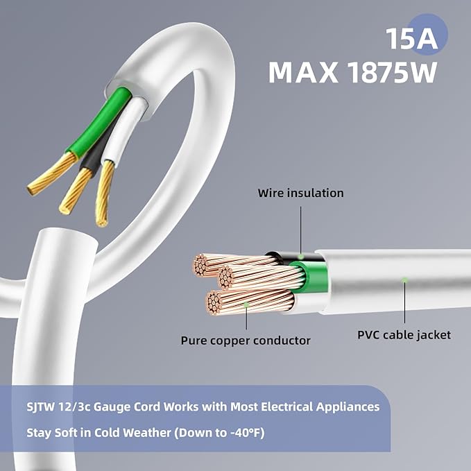 EP 30 Ft Outdoor Extension Cord, 12/3 SJTW Heavy Duty Extension Cable with 3 Prong Grounded Plug, 15 AMP Power Cord for Lawn, Garden, Appliances, White