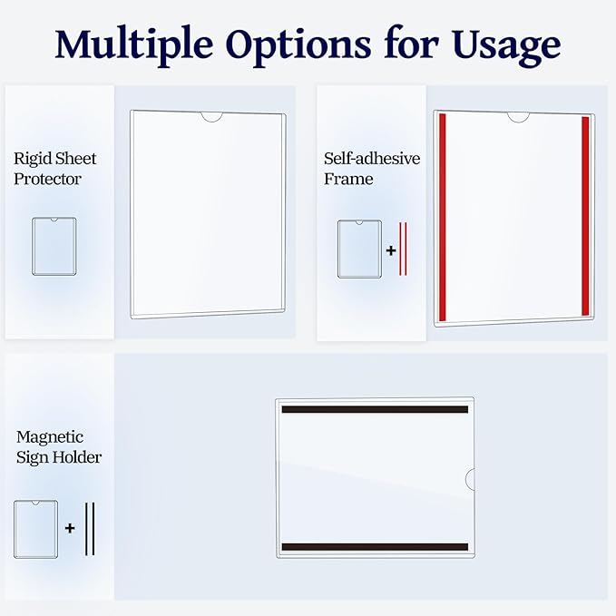 10 Pack Magnetic Sign Holder 8.5 x 11 - Rigid Sheet Protectors with Magnetic Strip Adhesive Strip, Adhesive Frames 8.5 x 11 Magnetic Picture Frames for Refrigerator,Whiteboard,Wall,Door,Window