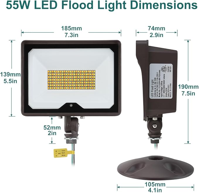 kadision 55W LED Flood Light with Dusk-to-Dawn Photocell, 3000K/4000K/5000K Selectable, 120V 6600lm IP65 Waterproof Knuckle Mount Outdoor Security Lights, ETL Listed