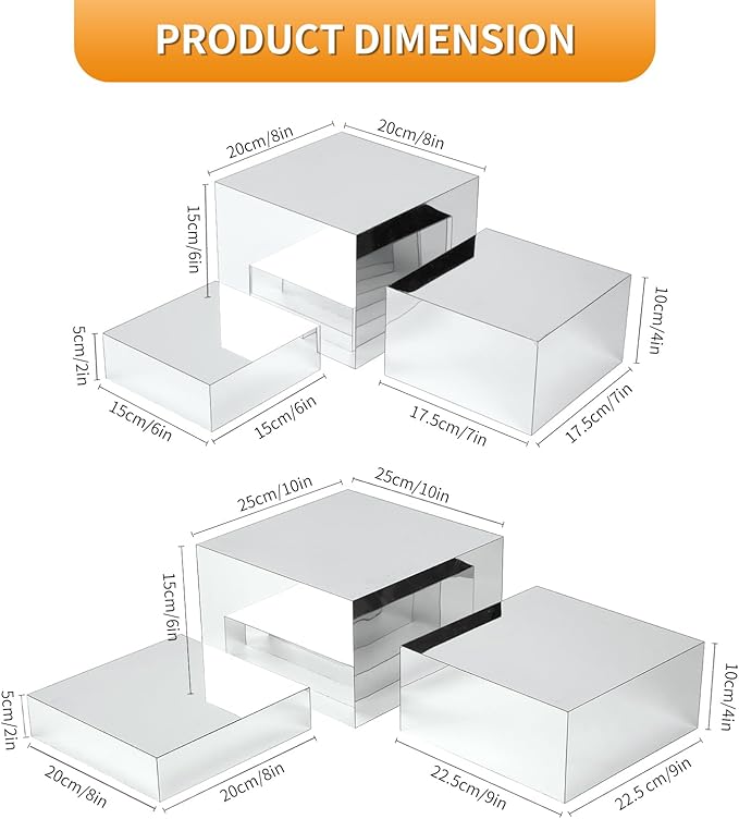 Display Riser Stands, 6pcs Silver Mirror Riser Stand, Acrylic Square Display Boxes, Tiered Food Display Buffet Riser, Purse Stand, Retail Product Showcase for Perfume Collection Jewelry Dessert Party
