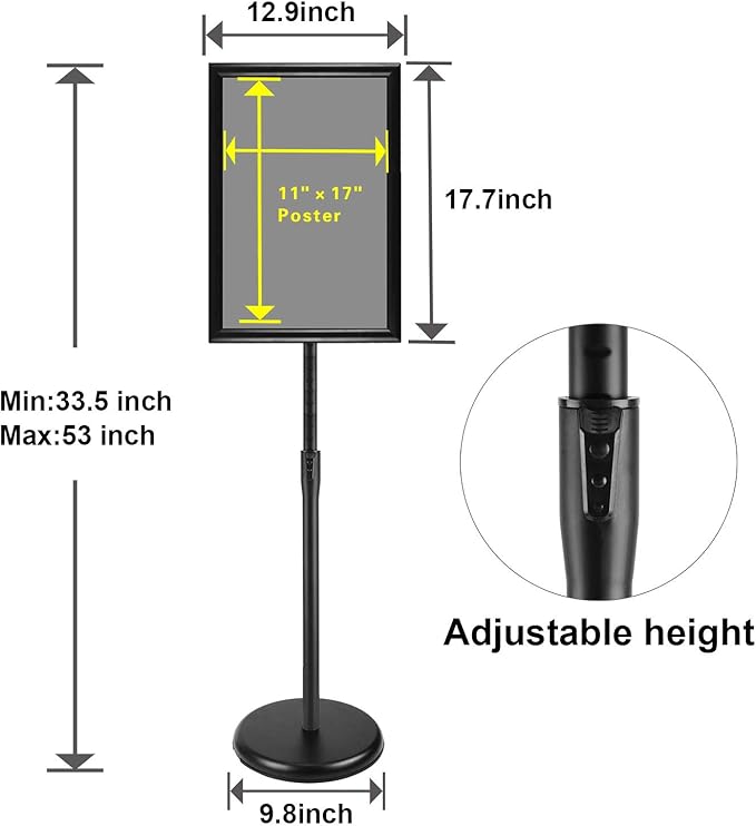 Pedestal Floor Standing Sign Holder 11x17 Inch, Adjustable Poster Sign Stand Aluminum Snap Open Frame for Display Notice/Poster/Advertisement (Black)