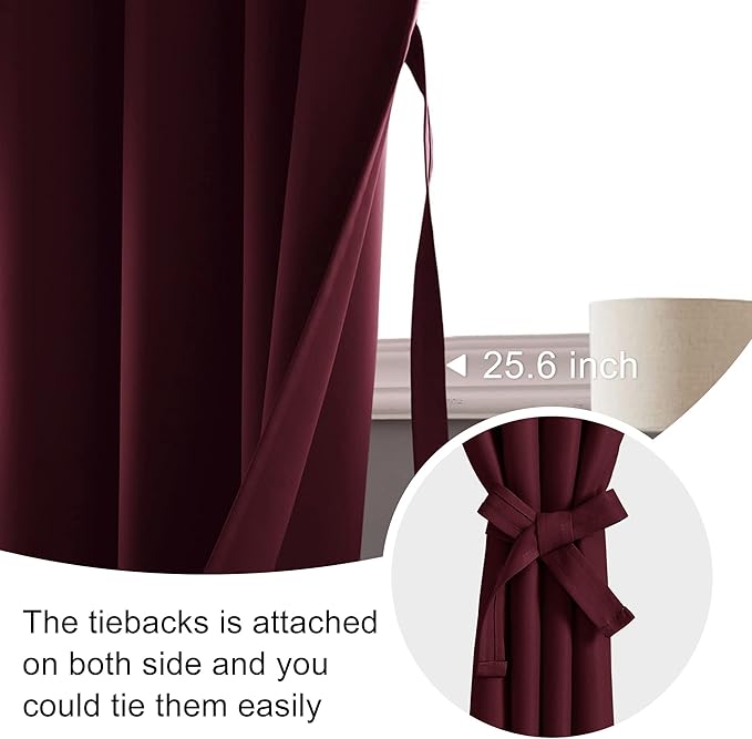 JIUZHEN Christmas Blackout Curtains for Bedroom - Thermal Insulated Room Darkening Noise Reducing, 52 x 45 Inch Length Curtains for Living Room, Set of 2 Panels with Tiebacks, Burgundy
