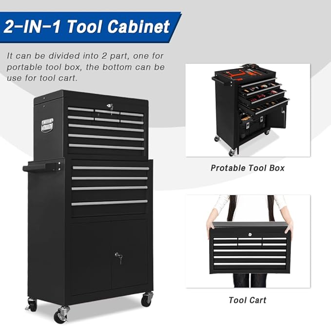 13-Drawer Rolling Tool Chest with Double Door, Extra Large Storage Cabinets with Tool Box, 2-in-1 Detachable Design, 600 lbs Capacity with Lockable Wheels for Garage, Mechanic, Professional & Home Use