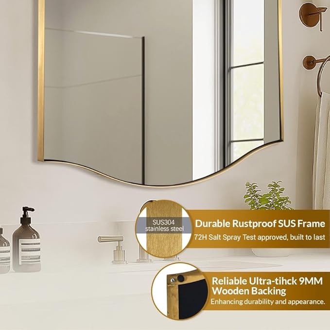 ANDY STAR 30"x48" Scalloped Mirror，Brushed Gold Rectangle Bathroom Mirror with Curved Edge Stainless Steel Metal Frame, Large Wall-Mounted Mirror for Bathroom, Entryway (Horizontal/Vertical)