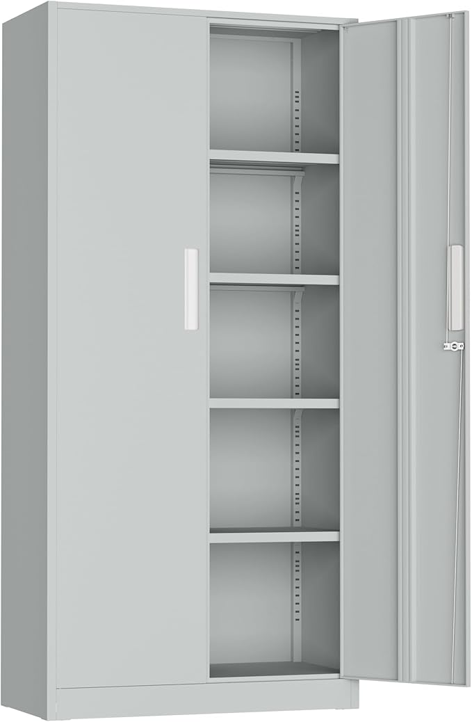 Incbruce 72” Metal Storage Cabinet, Locking Steel Storage Cabinets with 2 Doors and 4 Adjustable Shelves, Tall Lockable Tool Storages for Garage, Home, Office (Grey)
