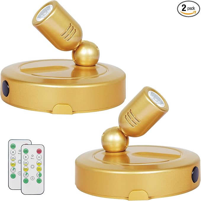 Indoor Spotlight, Battery Operated Spotlights with Remote, Picture Lights for Wall, Plant Tree Spotlight with Timer, Up Lights for Art Display Dartboard Painting Artwork Accent Frames-Gold