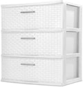 3-Drawer Wide Weave Tower, Plastic Storage Box with Pull Handles, Decorative Cabinet for Bedroom, Bathroom & Office, White