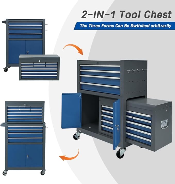 13-Drawer Rolling Tool Chest with Double Door, Extra Large Storage Cabinets with Tool Box, 2-in-1 Detachable Design, 600 lbs Capacity with Lockable Wheels for Garage, Mechanic & Home Use (Blue＆Grey)