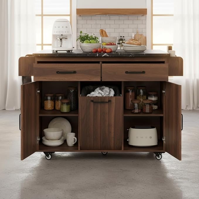 51" Moveable Kitchen Island with Trash Can Storage Cabinet, Kitchen Cart with Drop Leaf, Spice Rack, Towel Rack and Drawer, Rolling Kitchen Island on 5 Wheels with Adjustable Shelf