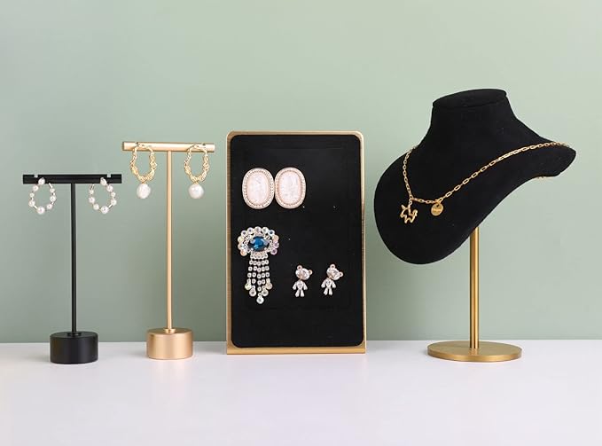 GemeShou Gold Metal Single Pair T Bar Earring Retail Display Stand for show, Tabletop Jewelry Tower Holder for Girl Women【Gold-Round Base Height 5.3"】