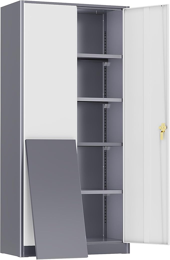 Greenvelly Metal Storage Cabinet,72” Metal Cabinet Storage with Doors and 4 Adjustable Shelves,Tall Storage Cabinet for Home,School,Gym(Grey White)