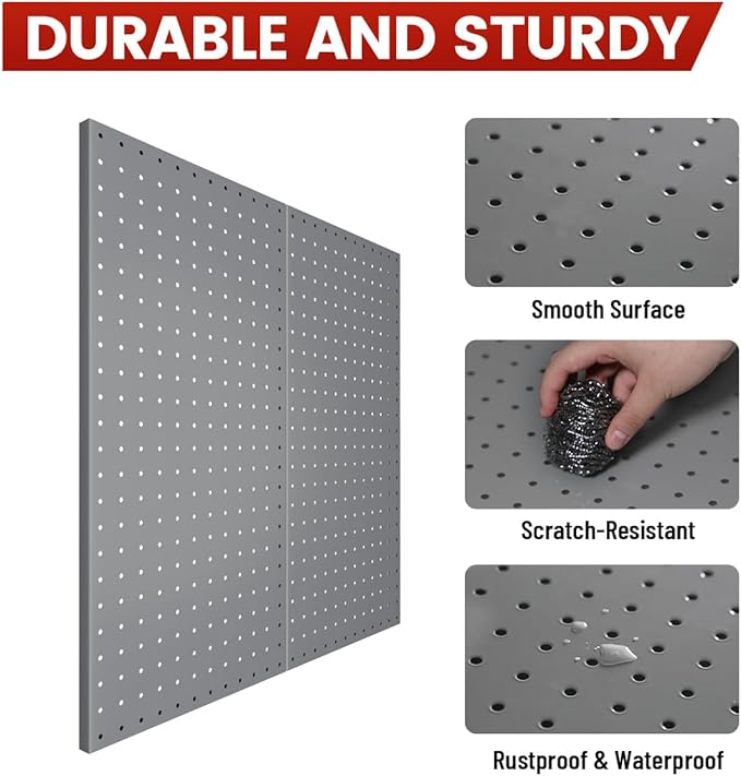 Pegboard, Metal Peg Board, Pegboards Wall Organizer with 38 Pcs Hooks, Sturdy Peg Board for Garage Tool Organization, Home & Office Wall Decoration (Grey, 2 Pack)