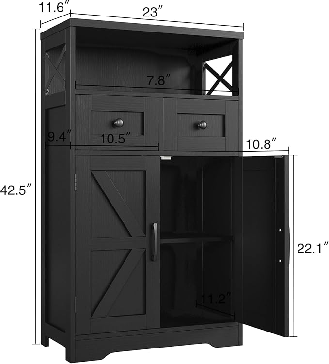 Black Farmhouse Kitchen Pantry Cabinet With Doors and Shelves, Coffee Bar Storage, Freestanding Floor Hutch Cupboard for Kitchen, Laundry, Living Room