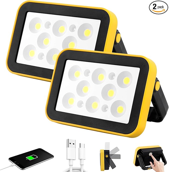 2-Pack Rechargeable Work Lights, COB Outdoor Portable LED Flood Light, Battery Operated Work Lights with Stand, Waterproof Working Light for Job Site Garage Camping Car Repair