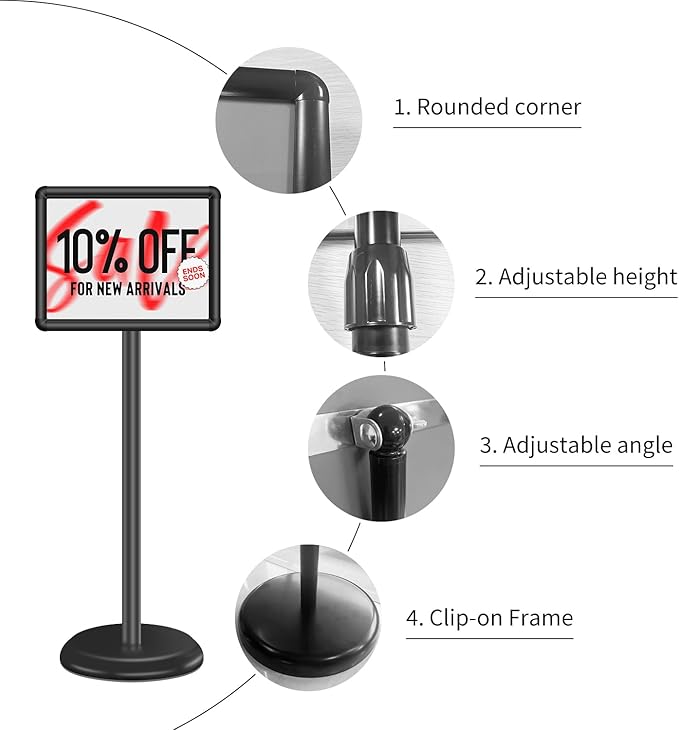 Sign Holder Floor Display Stand: 8.5 x 11 inch Adjustable Standing Signage Stand with Snap Frame for Malls Schools Restaurants (Black, 8.5 x 11" (1 PACK))