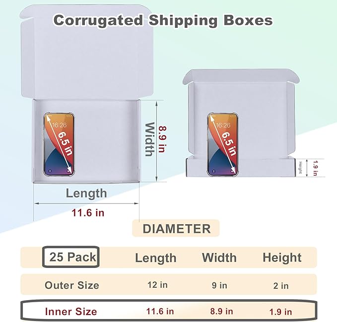 MEBRUDY 12x9x2 Inches Shipping Boxes Pack of 25, White Corrugated Cardboard Box for Mailing Packing Literature Mailer