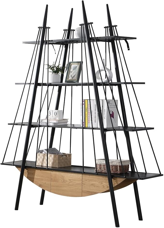 Boat-Shaped Bookshelf, 4 Tier Ladder Bookcase with Drawer 84.3" Tall Bookshelves for Storage Display Decor Easy Assembly Bookcase Furniture for Bedroom, Living Room and Home Office