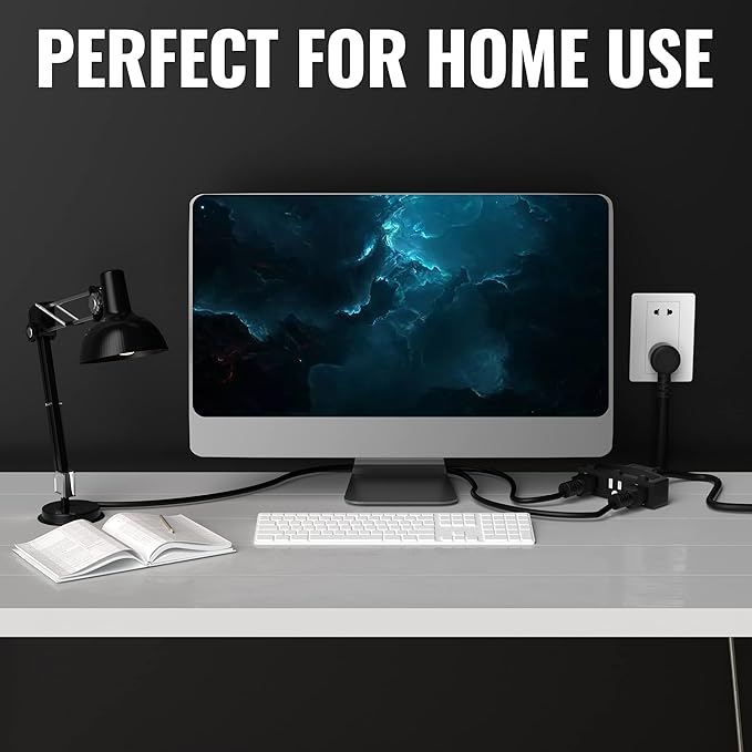 Outdoor Extension Cord 8 Ft with 3 Outlets, 14/3 SJTW 3 Prong Grounded Power Cord, 14 Gauge 14AWG Heavy Duty Power Cable, ETL Listed, 15 Amp 125 V 1875 W-Multiple Outlets for Indoor/Outdoor-Black