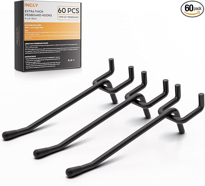INCLY 60 Pack 4 Inch Black Pegboard Hooks, 1/4" Heavy Duty Peg Board Shelving Hooks Accessories, Peg Board Tool Hangers Only Fit 1/4" Pegboard Hanging Tools Garage, Craft Organizing, Kitchen, Store