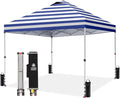 CROWN SHADES 10x10 Pop Up Canopy - Beach Tent with One Push Setup - Outdoor Sun Shade for Events, Parties, Camping - STO-N-Go Cover Bag, Silver Coated Top, 3 Height& 4 Sand Bags, Navy Blue Stripes