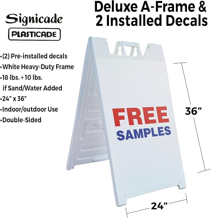 Free Samples 24" x 36" Double Sided A-Frame Sidewalk Sign Includes 2 Installed Decal Foldable Portable White Signicade Sandwich Board Retail Promotions Customer Incentives Business Signage Made in USA
